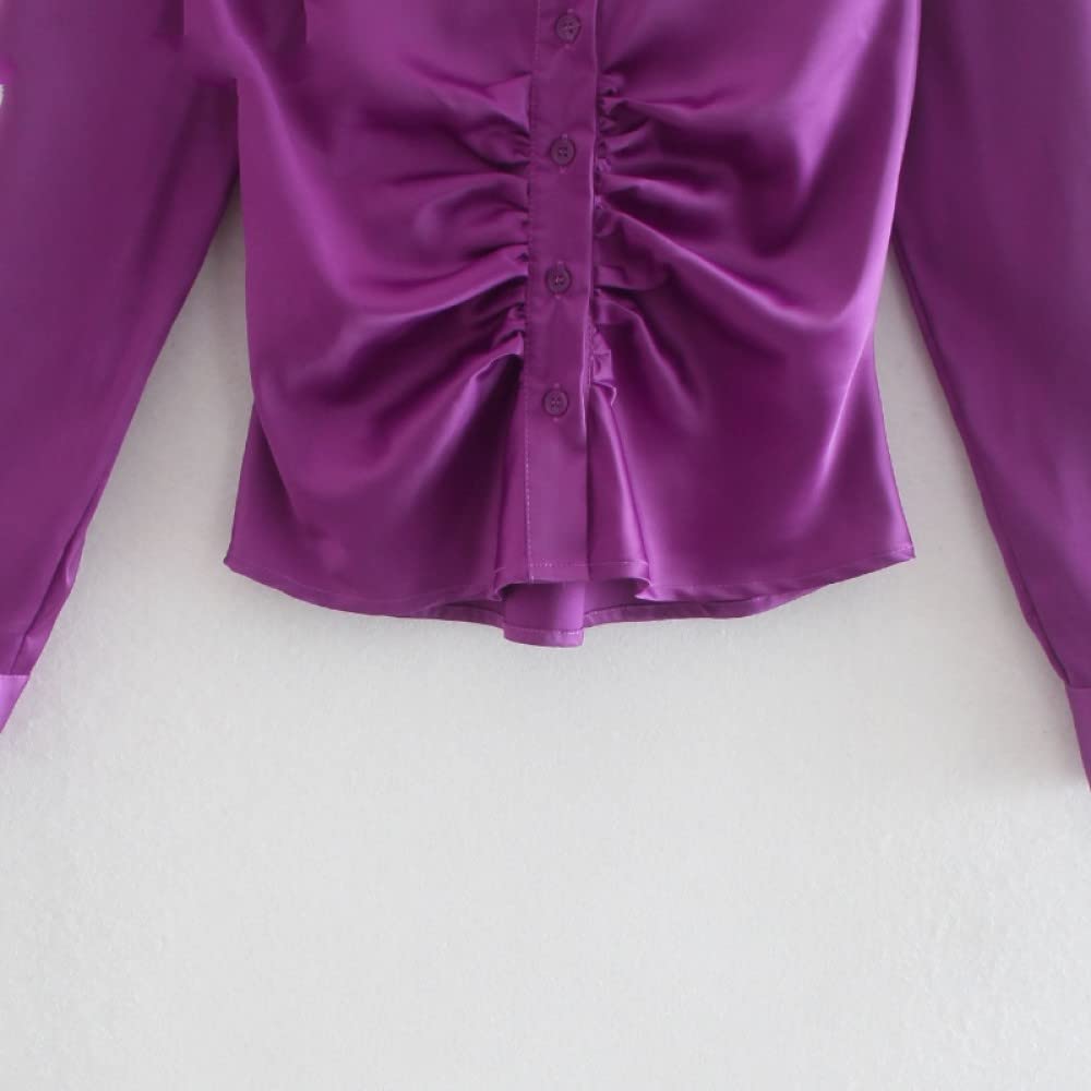 Blusa Donna,Camicette Estive Attillate A Pieghe con Risvolto A Tinta Unita Viola Vintage da Donna Manica Lunga Chic Elegante Casual Top alla Moda Camicia da Ufficio Allentata