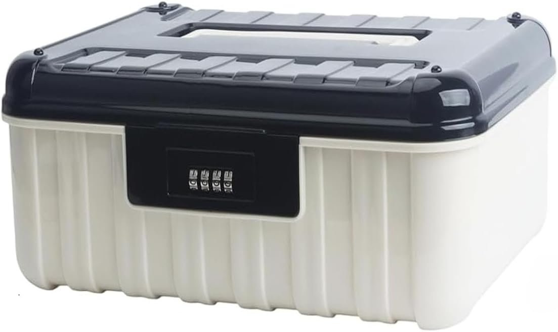 PENCK Large Lockable Storage Box, Plastic Storage Container with Code, Medication Lock Box, Stackable Secure Organizer for Office Home, White&Black