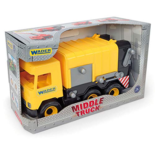 Wader Tigres_32123 Middle Truck Müllwagen mit Mülltonne und mehreren Klappen, ab 12 Monaten, ca. 43 cm, gelb…