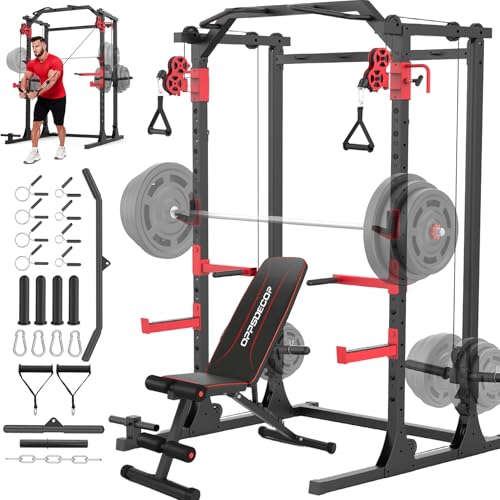 Image of OPPSDECOR Power Cage, 2000LBS Squat Rack with Dual Pulley Cable Crossover System, Multifunctional Power Rack with More Training Attachments for Home Gym, Weight Cage Fits Compact Space