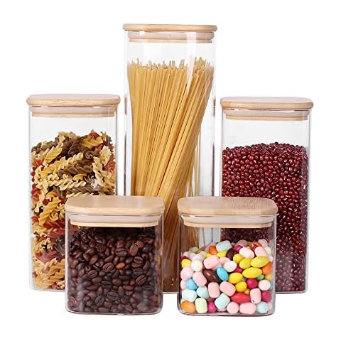 Airtight Square Glass Storage Canister with Bamboo Lid Set of 5, Kitchen Canisters Set for the Pantry Corner, Glass Flour and Sugar Containers for Coffee Beans, Salt, Tea, Snacks Cover
