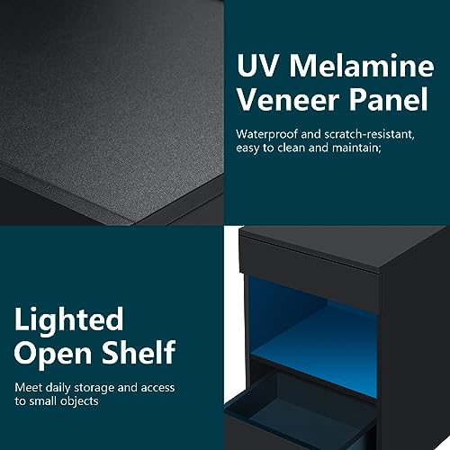 Hommpa NIGHTSTAND 16 BK Set Of 2 Open Shelf Led Nightstands With Charging Station 2 Drawers Bedside Tables Black Night Stands With Storage Smart Nightstands High Gloss Night Table With Led Light For Bedroom Furniture thumb #8