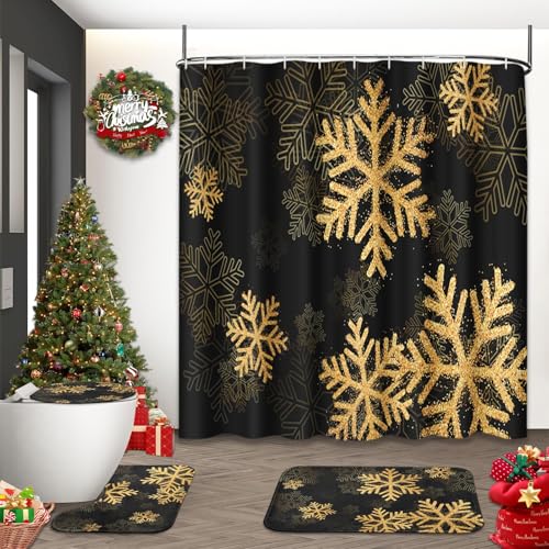 Juego de cortinas de baño decorativas con alfombra y accesorios de copos de nieve de invierno 7