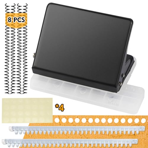 10-Hole Punch Binding Machine for Planners Mini Spiral Binding Punch Book Coil Binding Tool for A4, A5, B5 Paper, Includes 8 Spiral Coils, 2 Semi-Auto Binders and 4 Sheets Hole Reinforcements