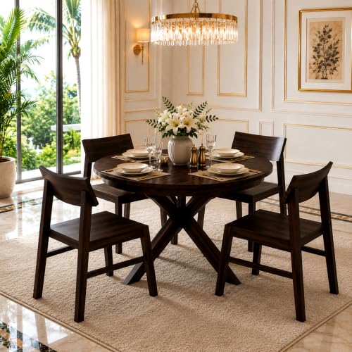 Image of Wooden Dining Table & Chair Set for 4 Person | Solid Sheesham Wood Round Dining Table with Curved Backrest Pattern Chairs | Modern & Trending Style Design for Home & Dining Room | Walnut Finish