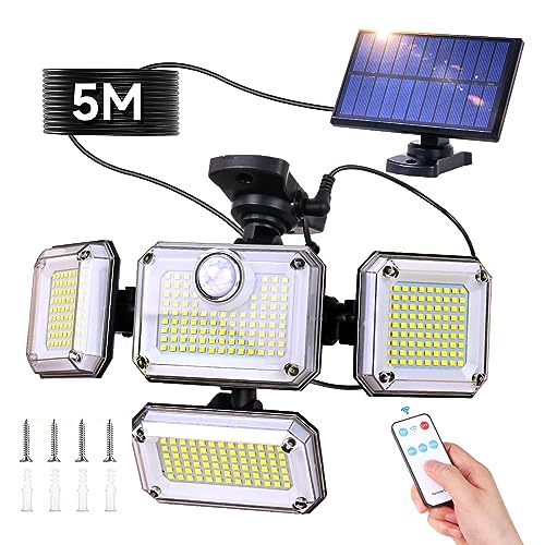 センサーライト 屋外 ソーラーライト 分離型 【333LED 自由調整4灯式 5M延長コード 2400mAh大容量バッテリー】IP65防水 防災対策 自動点灯 ガーデンライト 屋外ウォールライト 壁掛け/庭先/表玄関/駐車場 ネジ 設置簡単 ペンダントライト 人感センサー 高感度 高輝度 LEDライト 防犯ライト 太陽光発電 電気代0 ソーラー 屋外 ソーラーライト