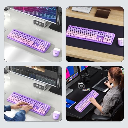Image of Wireless Keyboards Mouse Combos, Colorful Cute Typewriter Full-Size Retro Creamy Keyboard, 2.4GHz Sleep Mode Office Quiet Wireless Keyboard and Mouse Set for Desktop Laptop PC Computer(Purple)