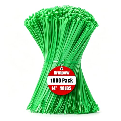 Image of Armpow 14 Inch Zip Ties Green 1000 PCS, 40 Lbs- Heavy Duty Tensile Strength, Nylon PA66 UV Resistant Cable Ties for Indoor and Outdoor Use - Ideal for object bundling and fastening