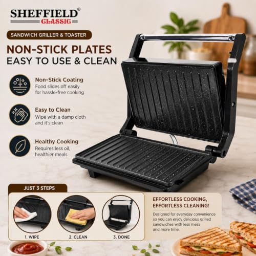 Image of SHEFFIELD CLASSIC 1200W Sandwich Griller & Toaster | 180 Open Flat Contact Grill with Fixed Non-Stick Plates, Adjustable Height Control & Automatic LED Indicators (White)