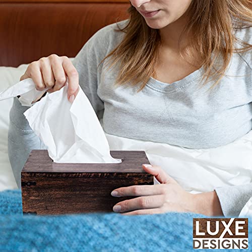 Luxe Designs Decorative Rectangular Wooden Tissue Dispenser with Slide-Out Bottom - Rustic Mango Wood Tissue Box Cover for Bathroom, Car, or Office Desk - 6.4 x 10.2 x 4.5 Inches, Dark Burnt