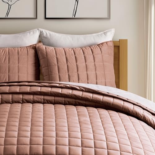 EverGrace Pearl Velvet Quilt King Size Bedding Sets, Luxurious Soft Velvet Comforter Set, Lightweight Box Stitching Oversized Bedspread Coverlet for All Season, with 2 Shams, Terracotta Clay by EverGrace - Image 2