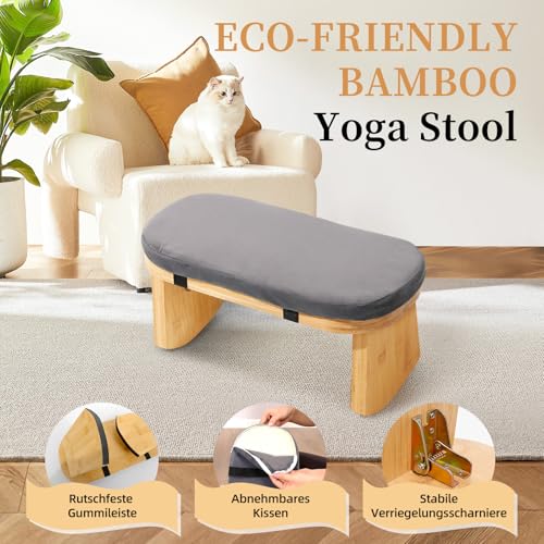 TYYIHUA Meditationsbank, klappbarer Meditationsstuhl, Bambus-Meditationshocker mit Anti-Rutsch-Matte, verstellbarer Yoga-Hocker mit gebogenen Unterkanten