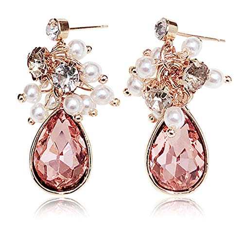 D.Rosse Unique Shining Pink Teardrop Dangle Stud Earrings Gorgeous Austrian Cut Crystal Rhinestone Pierced Wedding Bridal Drop Earrings for Women (Pink 1)