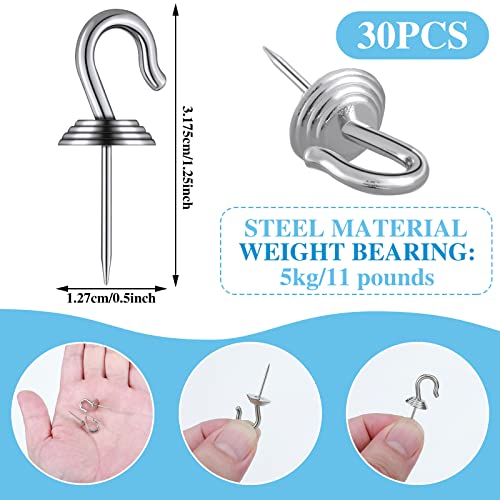 Image of Hotop 30 Pieces Push Pin Wall Hooks Metal Thumb Tack Hangers Iron Alloy Nail Decorative Picture Hooks for 20 Lbs Home Office School Party Supply (Silver)