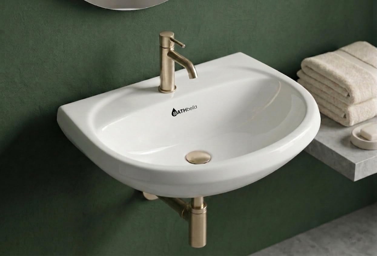 Ceramic Wall Hung Wash Basin | Basin with Faucet Hole | Bathroom Sink, Space Saving Wall Mount Wash Basin for Home, Hotel & Washroom (Glossy White) (SOBER)-image-0