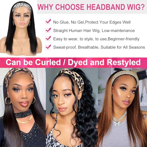 Image of Headband Wig Human Hair Straight Glueless None Lace Front Wig Machine Made Human Hair Wigs Brazilian Virgin Straight Hair Headband Half Wigs for Black Women Natural Color 16 Inch