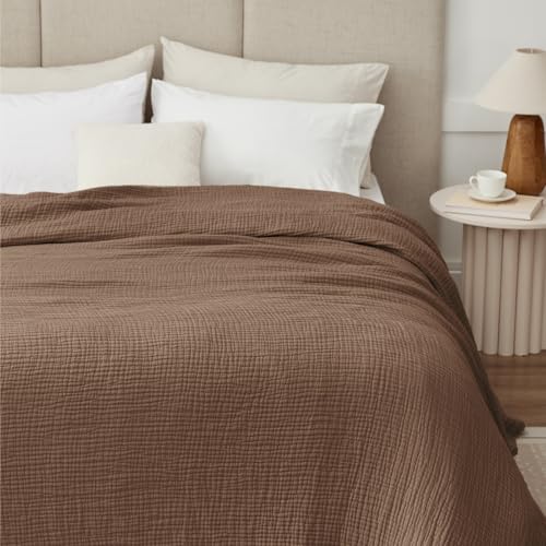 Image of 100% Cotton Muslin Blanket Twin 60 inch x 80 inch, Breathable and Lightweight Cotton Twin Blankets for Couch, Soft Cooling Summer Gauze Blanket for Adults All Season, Tan