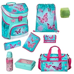 Familando Mädchen Schulranzen 1. Klasse · Scooli Campus Fit Schultasche · ergonomisch & leicht · Kinder Schulranzen Set für Mädchen (9-teilig mit Sporttasche, Butterfly Türkis)