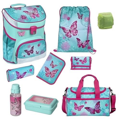 Familando Mädchen Schulranzen 1. Klasse · Scooli Campus Fit Schultasche · ergonomisch & leicht · Kinder Schulranzen Set für Mädchen (9-teilig mit Sporttasche, Butterfly Türkis)