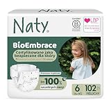 Naty BioEmbrace Pieluchy dla niemowląt | Certyfikowane bezpieczne dla skóry | Ochrona do 100% | Roślinna miękkość | Bez chloru | Rozmiar 6 (16 kg+), 102 szt