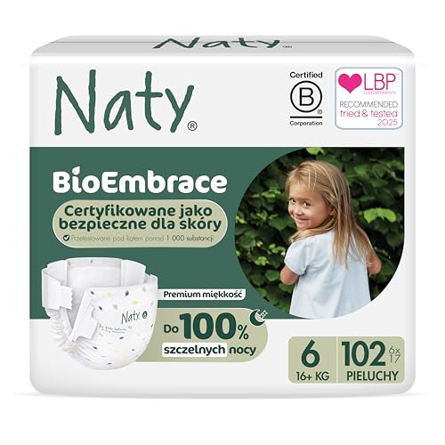 Naty BioEmbrace Pieluchy dla niemowląt | Certyfikowane bezpieczne dla skóry | Ochrona do 100% | Roślinna miękkość | Bez chloru | Rozmiar 6 (16 kg+), 102 szt