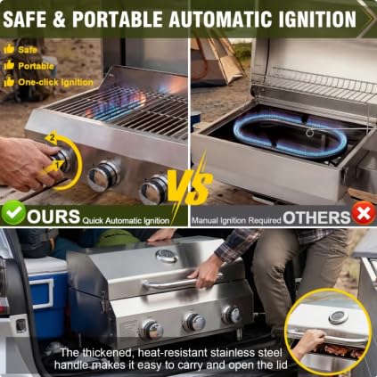 Image of Bestfire 3-Burner Tabletop Gas Grill, 30,000 BTU Portable Propane Grill, Heavy-Duty Thickened Stainless Steel Grates & Knobs, Compact & Detachable Legs for Camping, RV&BBQ