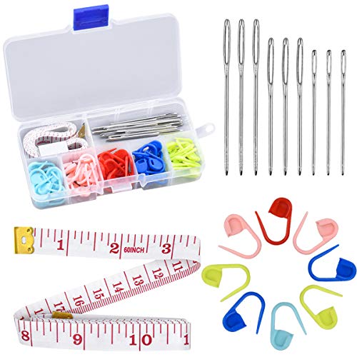 Marcadores de Puntos Ganchillo Set 60pcs Plástico Marcadores de Crochet 9pcs Aguja de Ojo Grande 1pcsCuerpo Regla de medición de Costura Accesorios para coser