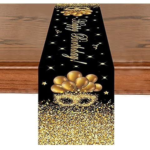 Happy Birthday Table Runner, 72 Inch Black and Gold Birthday Table Runners, Birthday Table Decorations Tablecloths, Non-Slip Fabric Birthday Table Runner Covers for Men Women Birthday Party Decoration Cover