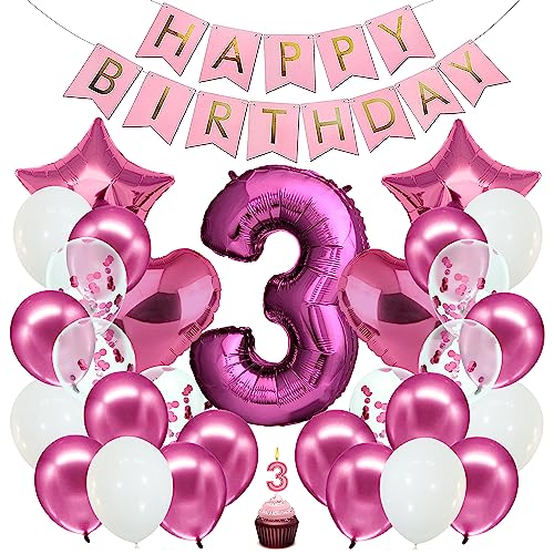 envami® Decorazioni Compleanno 3 anni Bambina Rosa - Festoni Compleanno Bambina - Palloncini 3 anni