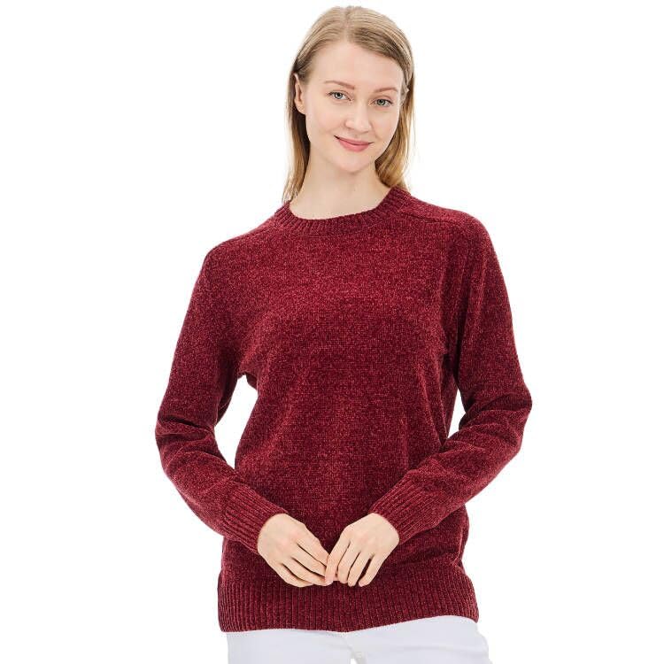 Image of Simple&Opulence Women's Chenille Sweater Crewneck Long Sleeve Pullover Ribbed Cuff Hem Round Neck Jumper Tops