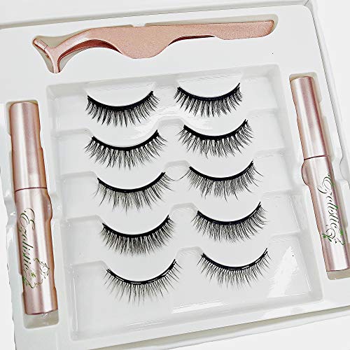 Fake Eyelashes Set (5 Pair) with Dual 2x Magnetic Eyeliner, Tweezer & Storage Box with Mirror - 5X Thin & Short - Natural Looking, Soft & Reusable - Waterproof (2x Magnetic Eyeliner - Thin & Short)
