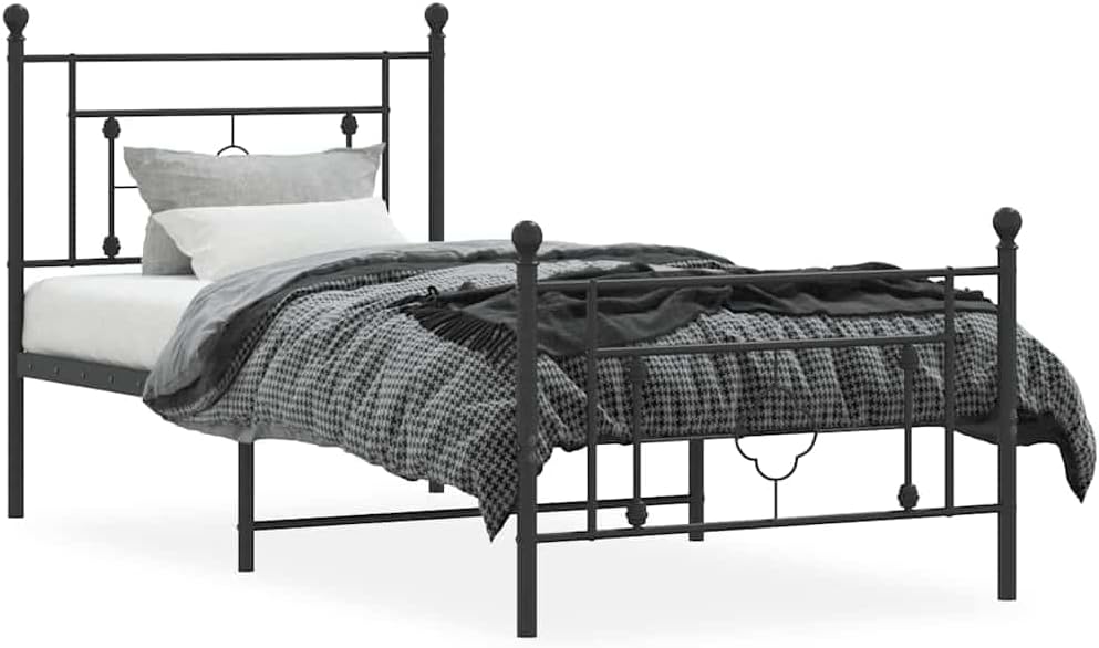 Bed Frame Black Steel Single Platform Foundation with Slatted Durable Heavy-Duty Frame for Mattress Support Easy-Assembly Modern Minimalist Bedroom Furniture