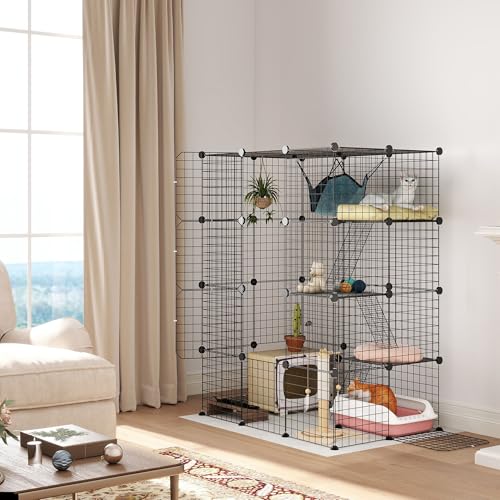 PawHut Cat Cage Indoor DIY 4 Tier Wire Cat Enclosure with Hammock Ramps Doors Jumping Platforms Detachable Catio Indoor for 1-3 Cats 105 x 70 x 140 cm Black