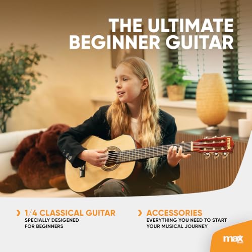 Image of MAX SoloArt Junior 30-inch Small Size Classical Acoustic Guitar Starter Kit for Kids (Aged 3-8 Years) Includes Gig Bag,Tuner, Strap, Extra Nylon Strings & Picks Designed & Engineered in Netherlands