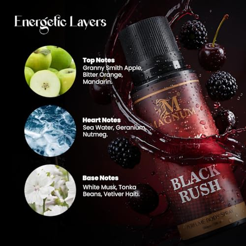 Image of Magnum Maverick Black Rush Men's Body Spray - Bold Spicy Woody Fragrance for Confident Men | Long-Lasting Cinnamon, Patchouli & Dark Woods Scent | 150ml