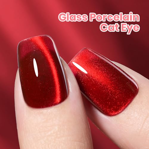 Image of Beetles Cherry Red Cat Eye Gel Nail Polish - 15ML Ruby Red Cat Eye Glitter Gel Polish Magnetic Shimmer Effect Soak Off UV French Nail Art Design Salon DIY Manicure Gifts for Women