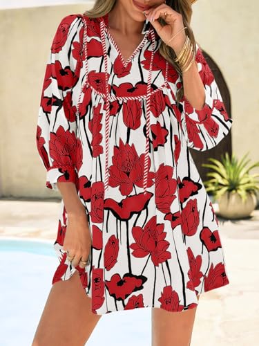 Image of Cicy Bell Womens Floral Mini Dresses 3 /4 Balloon Sleeve V Neck Flowy Babydoll Dress Summer Beach Vacation Boho Outfits