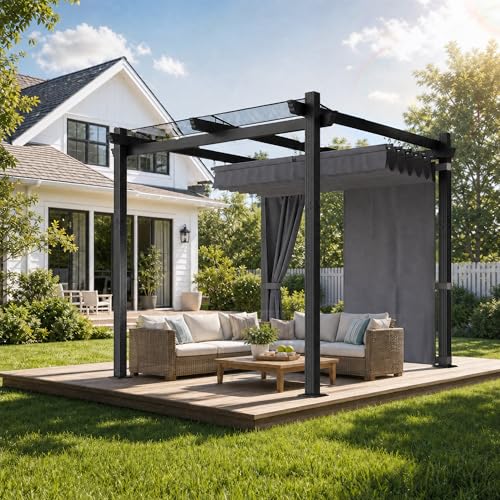 JUMMICO Aluminium Pergola Pavillon 3x3m wasserdicht stabil Winterfest Gartenpavillon mit Schiebedach & Seitenwand Sonnenschutz für Garten Terrasse & Balkon schützt vor Sonne Regen langlebig Grau