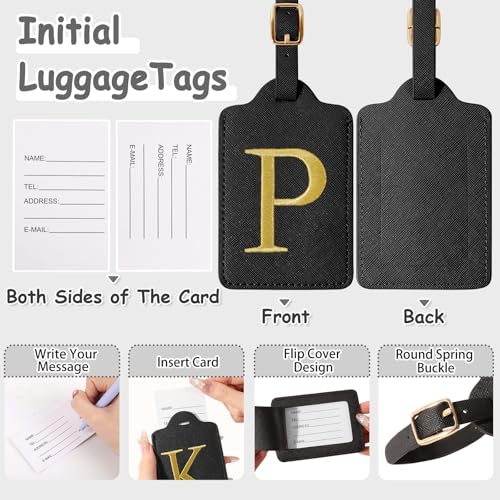 Image of Initial Letter Luggage Tags for Suitcases, Personalized Embroidered Letter Luggage Bag Suitcase Identifier Name Tag, Cute PU Leather Travel Luggage Tags, Bag Tags for Luggage Handbags(Black P)