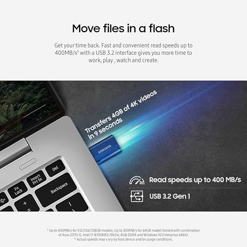 Image of Samsung Type-C USB Flash Drive, 512GB, Transfers 4GB Files in 11 Secs w /Up to 400MB /s USB 3.2 Gen 1 Read Speeds, Compatible w /USB 3.0 /2.0, Waterproof, 2022, Blue, MUF-512DA /AM