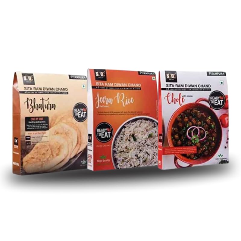 Sita Ram Diwan Chand Ready to Eat Bhatura | Jeera Rice | Chole With Onion 300 Gram Each| No Preservatives | No Artificial Flavors | 100% Natural Ingredients & Vegetarian | Tasty Snacks - Pack of 3