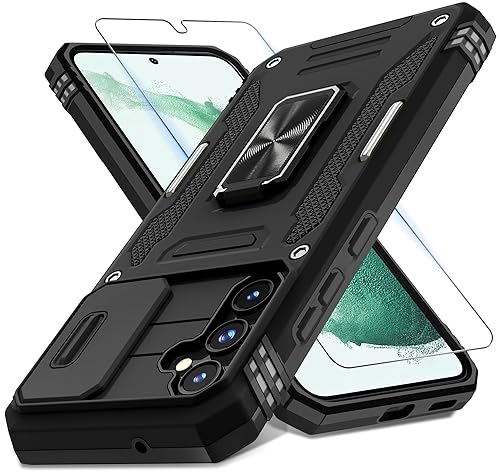 DEERLAMN Case for Samsung Galaxy S23 FE 6.4-Inch with Slide Camera Cover+Screen Protector(1 Pack),Rotated Ring Kickstand Military Grade Shockproof Protective Cover-Black