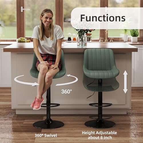 Image of Youhauchair Adjustable Faux Leather Bar Stools Set of 2, Green | Swivel, Counter Height, Back & Footrest, Armless, PU, Modern, Kitchen Island Stool, Upholstered Dining Room Chair