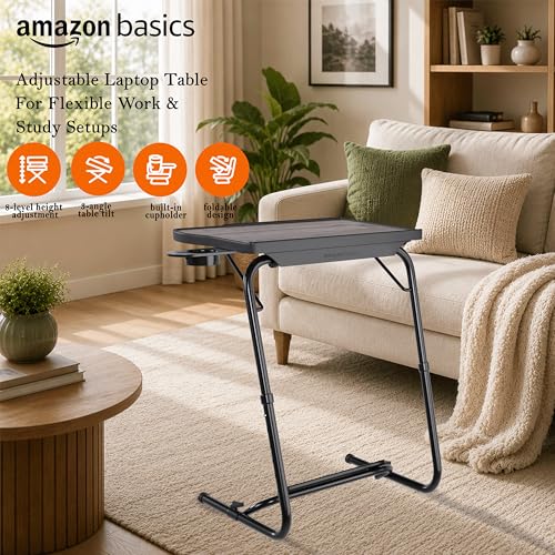 Image of amazon basics Executive | Lounge Mate Executive | Height Adjustable Laptop Table | Adjustable Table Angle | Cupholder | Footrest | Carbon Steel | Dove White | 75 cm - H, 55 cm - L, 40 cm - W