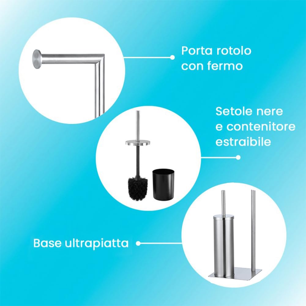 Piantana wc d’appoggio in acciaio satinato con portarotolo e portascopino, setole nere e contenitore estraibile