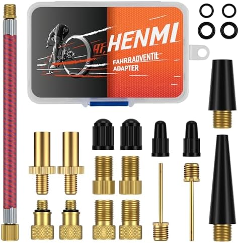HENMI Fahrradventil Adapter Set mit Sortierbox | Luftpumpe Adapter mit Autoventil Adapter, Französisches ventil, Ballnadel, Kegelventil,Ventil-O-Ringe, Staubkappe