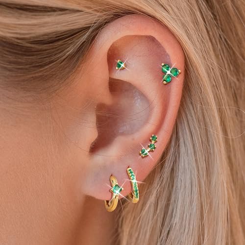 5 Pairs 14K Gold Filled Hoop Earrings Sterling Silver Post Cubic Zirconia Studs Earrings for Women Trendy Cartilage Earrings Huggie Hoop Earrings Set for Multiple Piercings2