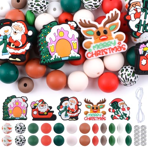 URROMA 76Pcs Christmas Silicone Beads Bulk Loose Beads for Pen Mixed Christmas Beads for Jewelry Making Spacer Beads for Necklace Craft Party Supplies