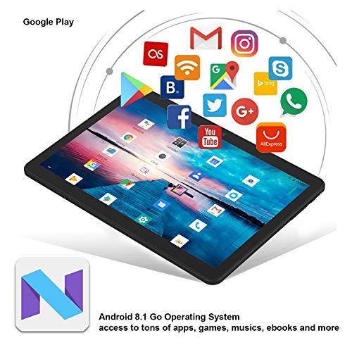 Tablet 10 inch, Android 8.1 Go Tablets PC, 3G Phablet with Dual Card Slot, Dual Camera, 1+16GB, GMS Certified, 1.3GHz, 1280x800 IPS, WiFi, Bluetooth, GPS - Black