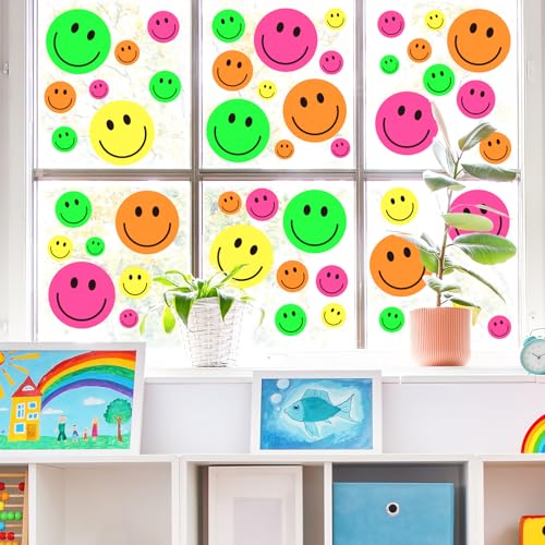 Image of Whaline 9 Sheet Smile Face Window Clings Neon Colored Happy Face Reusable Window Decals for Home Classroom Office Nursery Windows Decor